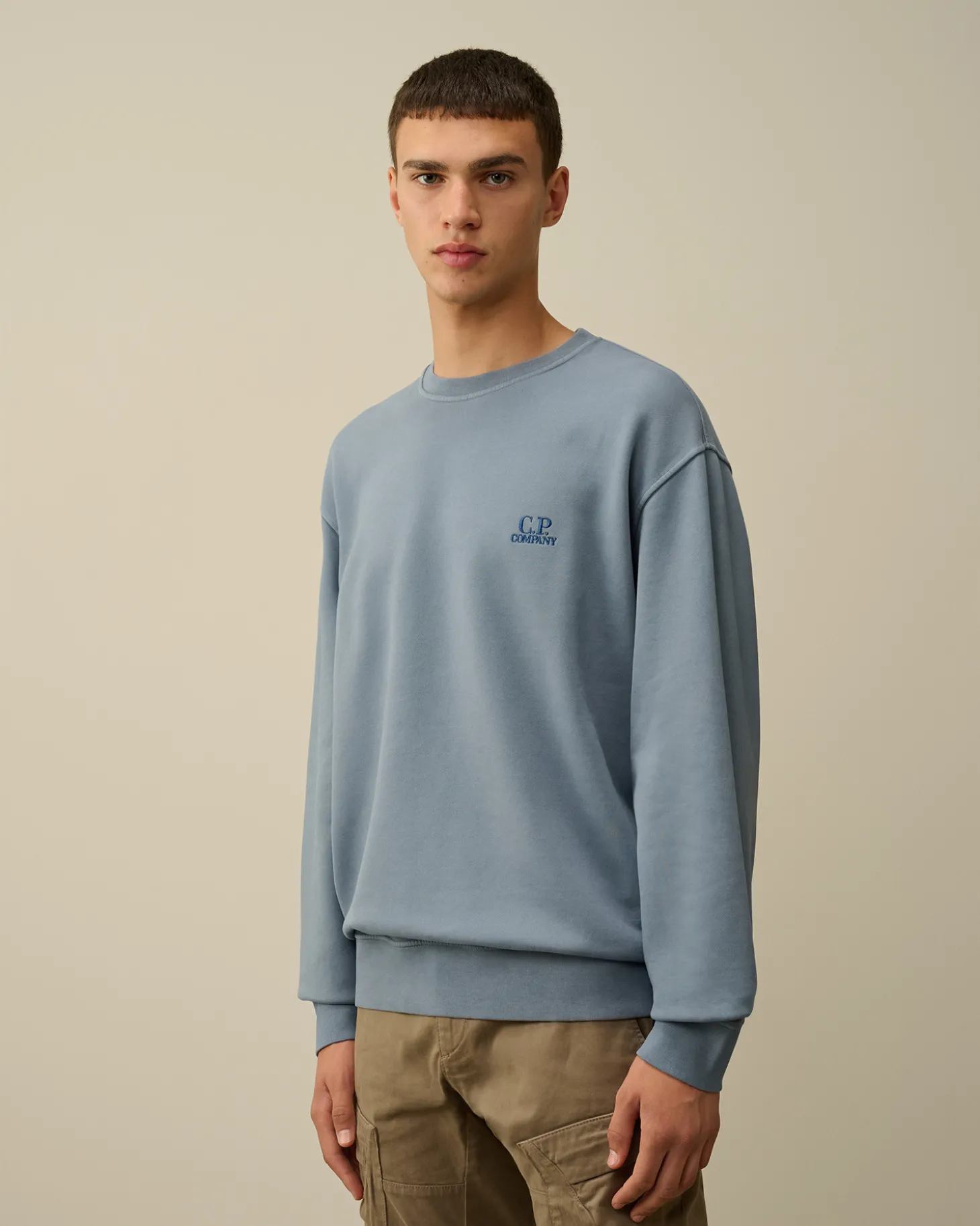 Brushed and Emerized Diagonal Fleece Logo Crew Neck Sweatshirt<C.P. Company Clearance